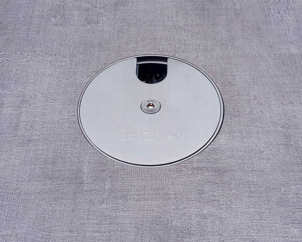 Quality floor socket with cable outlet for mobile counters in shopping centers