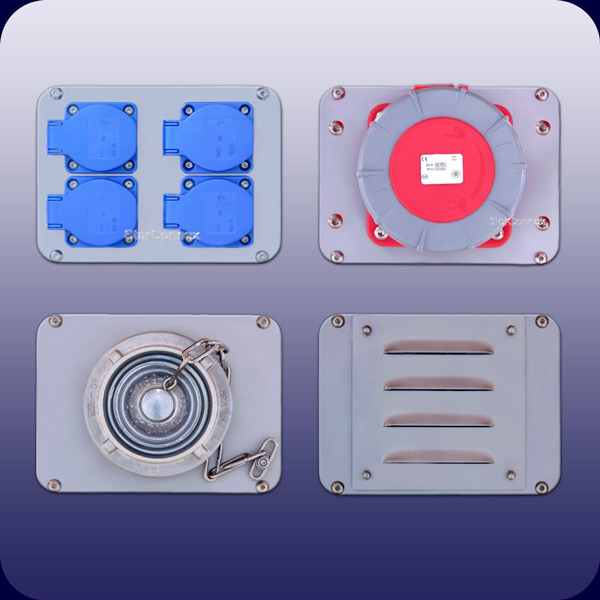 Edelstahl-Best&uuml;ckungsmodul-Beispiele, best&uuml;ckt mit Schukosteckdosen, CEE-Steckdose, Storzkupplung, Bel&uuml;ftungsrippen. Link nach: https://starconnex.com/produkte/module-zur-freien-bestueckung/module-m1-m2-m3